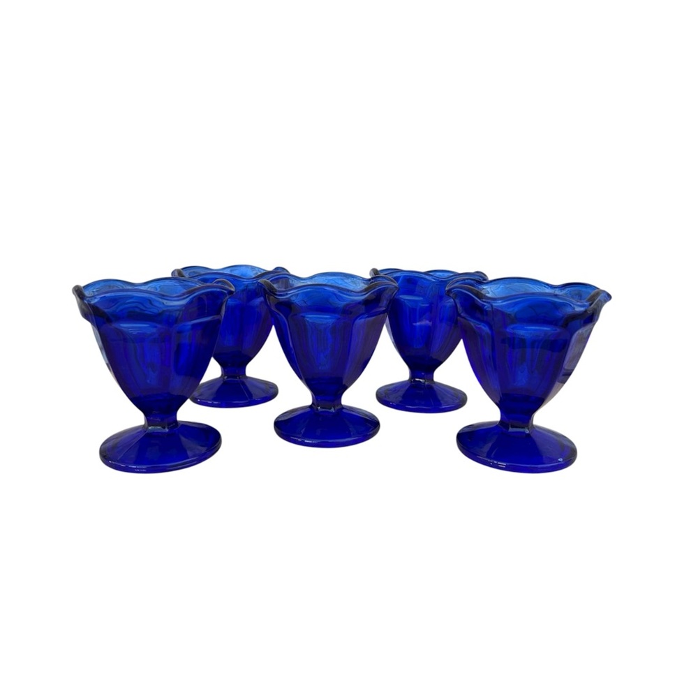5 Vintage Anchor Hocking Fountainware Cobalt Blue Ice Cream Sundae Glasses.